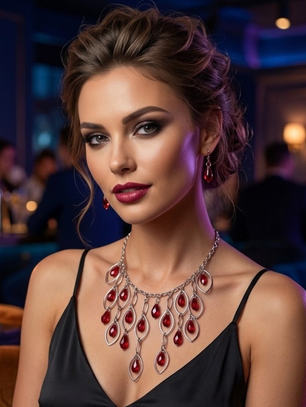 Retro Statement Necklace with Red Teardrop Pendants
